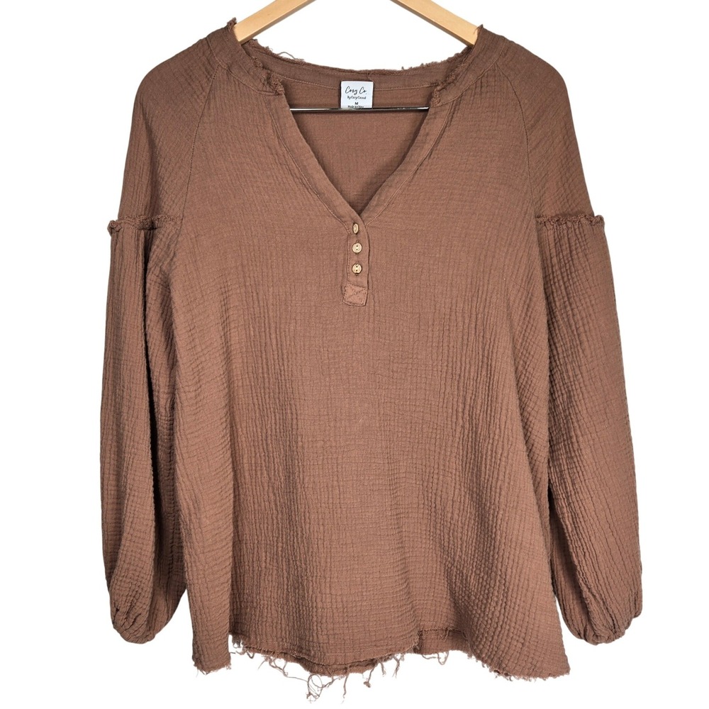 Cozy Co By Cozy Casual‎ Brown Gauze Cotton Henley Blouse L3324C M